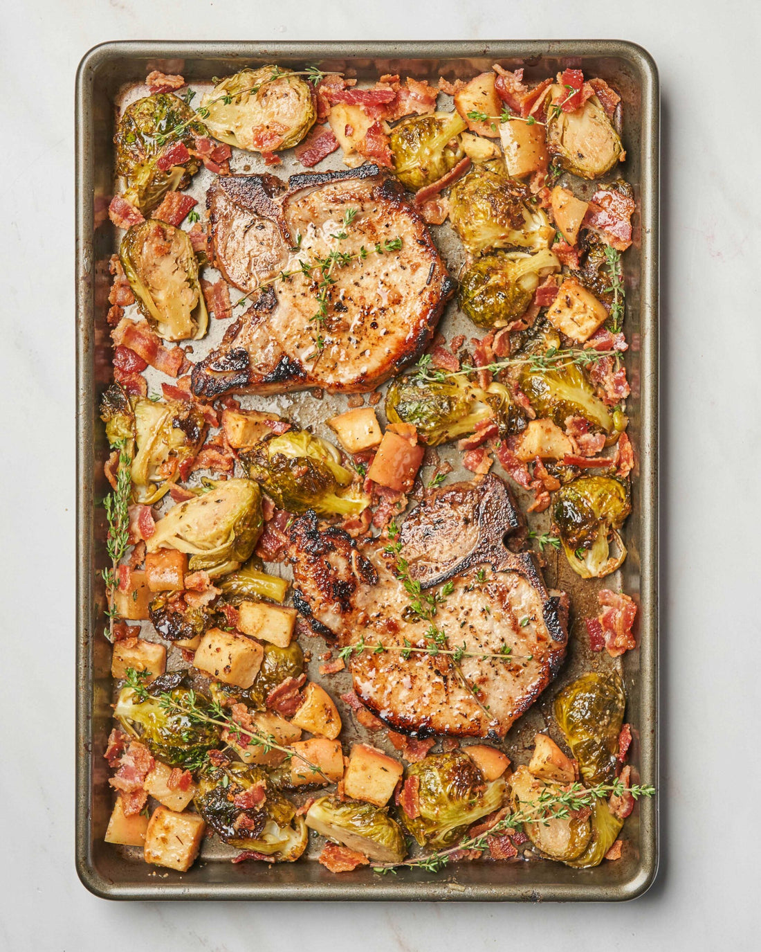 Sheet Pan Pork Chops with Roasted Apple Bacon Brussel Sprouts