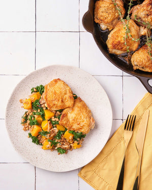Skillet Roasted Chicken with Creamy Squash Farro