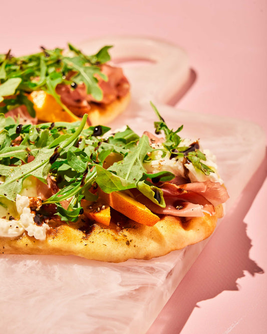 Grilled Peach, Prosciutto and Burrata Flatbread