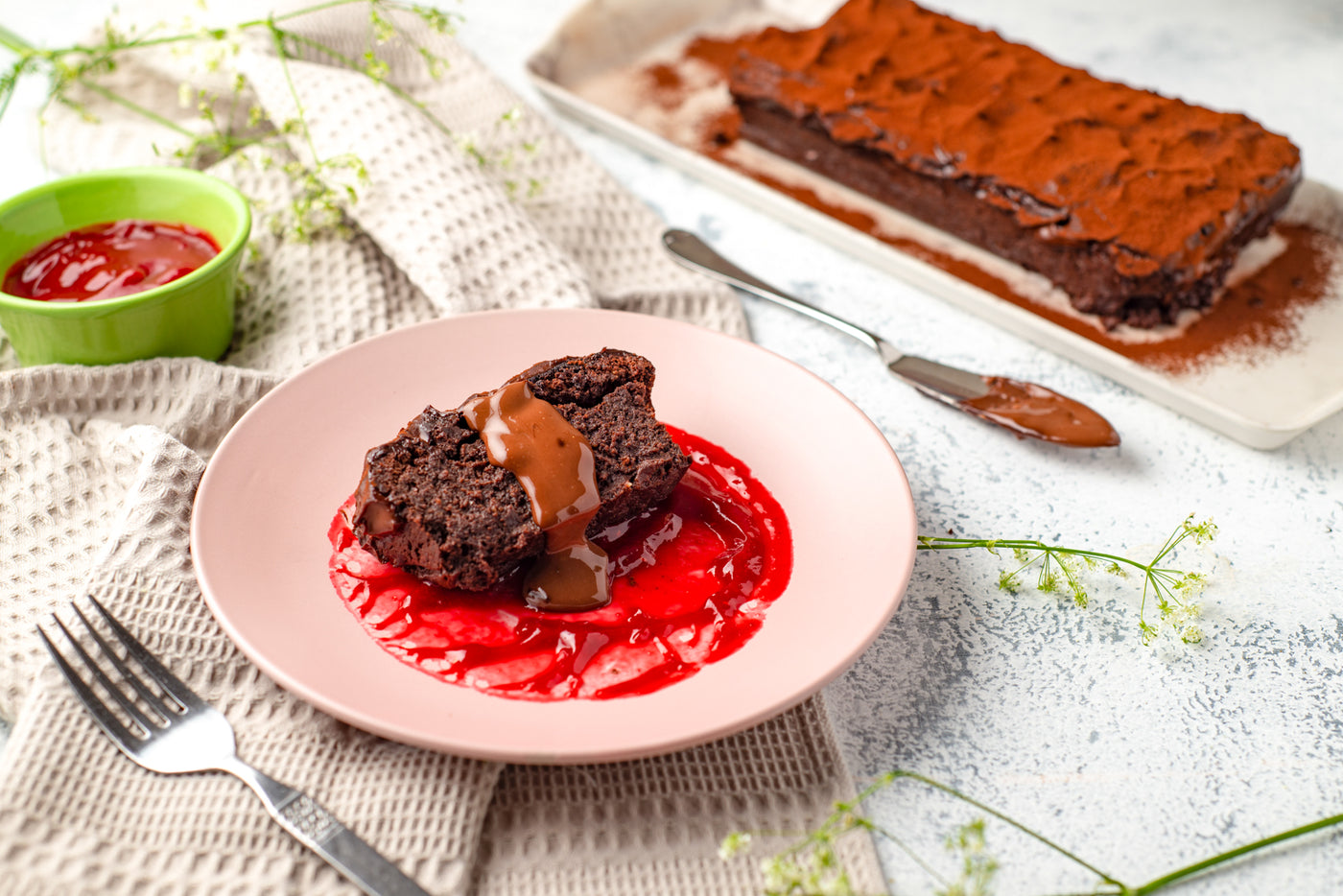 Flourless Chocolate Loaf Cake with Raspberry Coulis