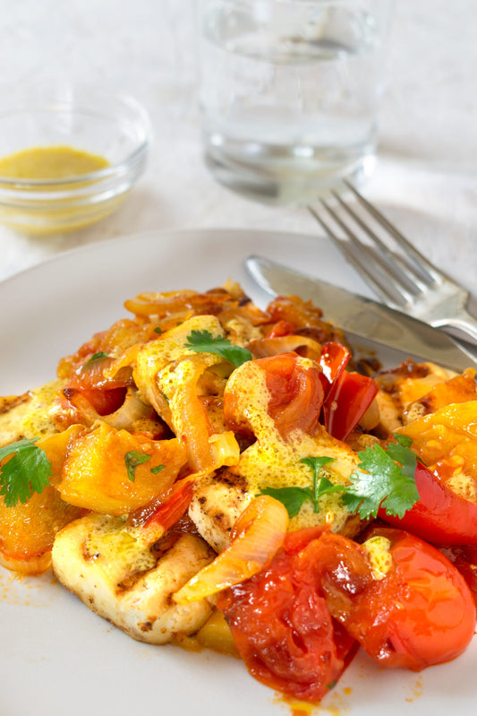 Grilled Paneer Cheese with Mango Tomato Pepper Chutney and Curry Vinaigrette