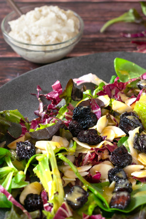 Mustard Green Cherry Salad with Nut Cheese & Tahini Dressing