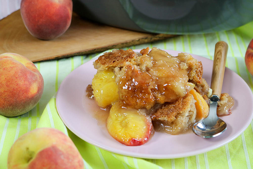 Cinnamon Sugar Saucy Peach Cobbler