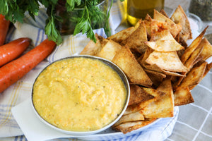 Carrot Hummus with Toasted Paprika Tortilla Chips