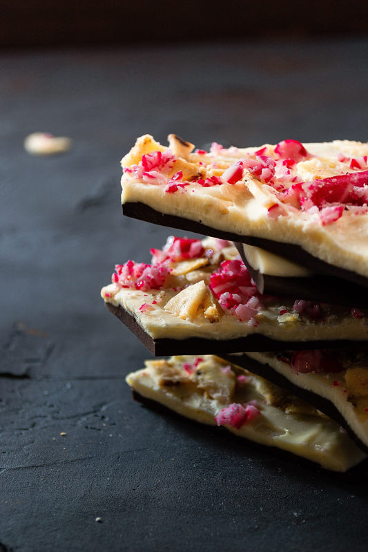 White and Black Chocolate Bark With Banana Chips and Candie Canes