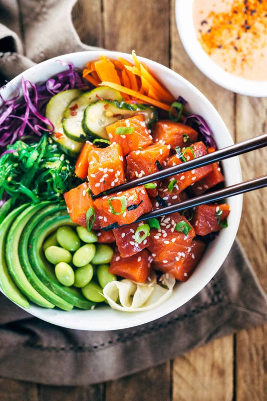 spicy-sockeye-salmon-poke-bowl-with-sriracha-aioli||Shrimp-Avocado-Salad-Show-Me-the-Yummy||healthy-homemade-greek-chicken-gyro-pita-recipe