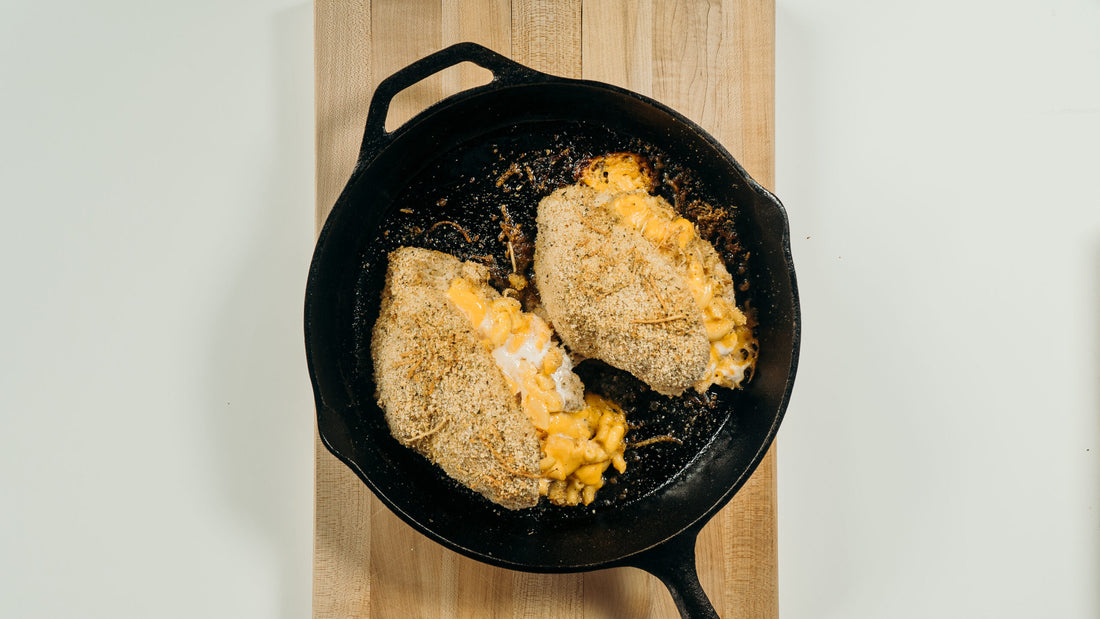 mac and cheese stuffed chicken in a skillet||Jalapeno and Cream Cheese Chicken Roll on a white plate||chorizo chili stuffed chicken