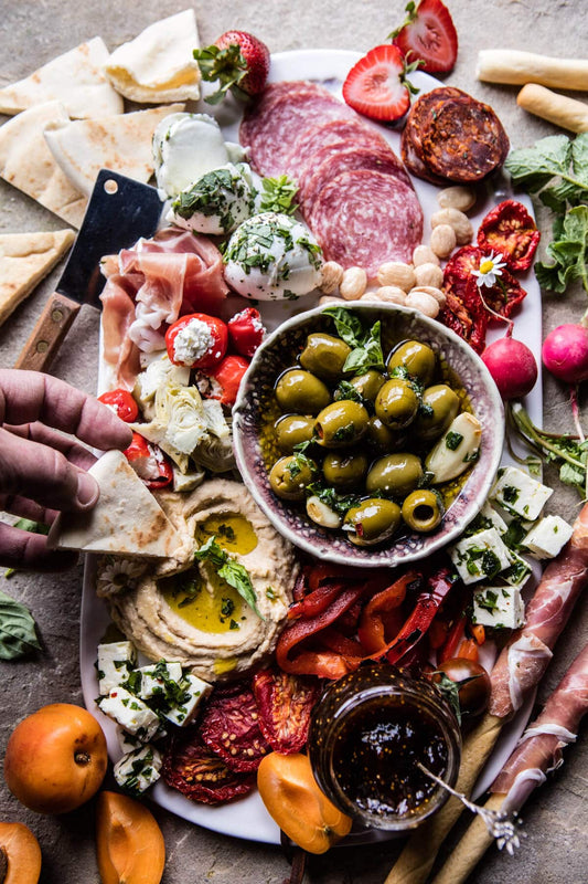 Greek-Inspired-Antipasto-Platter||DIY_BRUSCHETTA_BAR||Prosciutto-Burrata-Asparagus-Salad||Appetizer Platters||Antipasto-Platter||Cheese-and-Nut-Board||DELALLO-EASTER-APPETIZER-BOARD